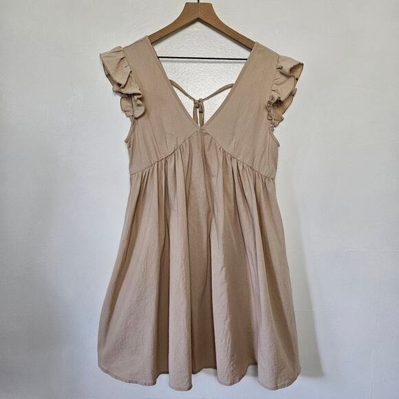 Plunge Front‎ Cotton Babydoll Mini Dress M? Beige Ivory Sleeveless - Picture 1 of 6